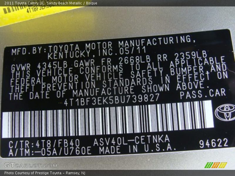 Sandy Beach Metallic / Bisque 2011 Toyota Camry LE