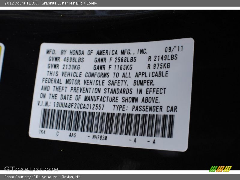 Graphite Luster Metallic / Ebony 2012 Acura TL 3.5