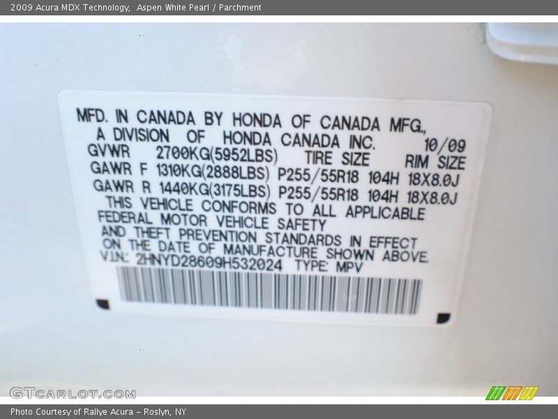 Aspen White Pearl / Parchment 2009 Acura MDX Technology