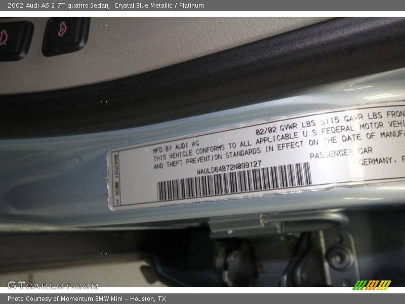 Crystal Blue Metallic / Platinum 2002 Audi A6 2.7T quattro Sedan
