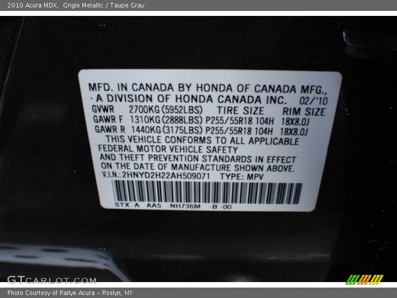 Grigio Metallic / Taupe Gray 2010 Acura MDX
