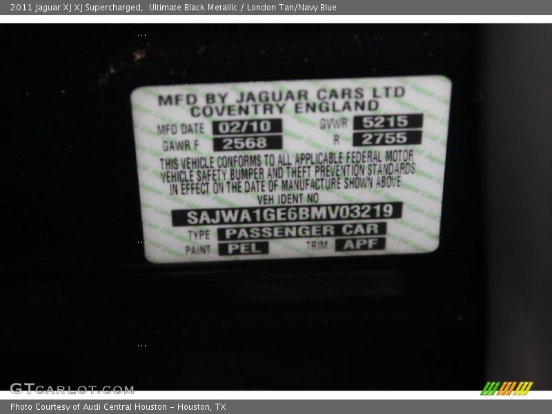 2011 XJ XJ Supercharged Ultimate Black Metallic Color Code PEL