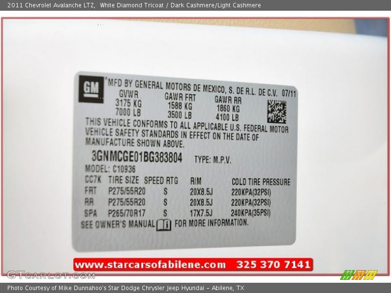White Diamond Tricoat / Dark Cashmere/Light Cashmere 2011 Chevrolet Avalanche LTZ