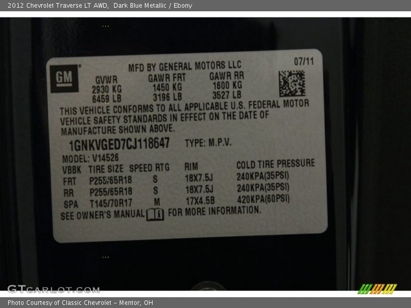 Dark Blue Metallic / Ebony 2012 Chevrolet Traverse LT AWD