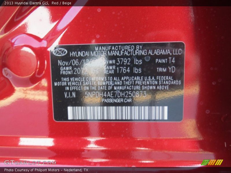 Red / Beige 2013 Hyundai Elantra GLS