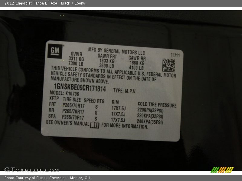 Black / Ebony 2012 Chevrolet Tahoe LT 4x4