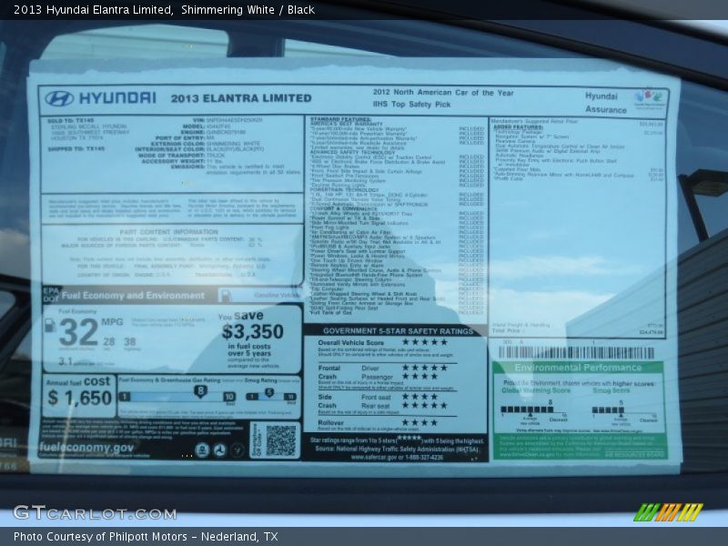 Shimmering White / Black 2013 Hyundai Elantra Limited