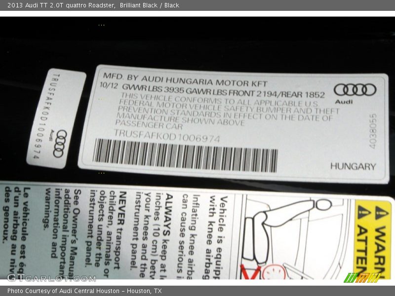 Info Tag of 2013 TT 2.0T quattro Roadster