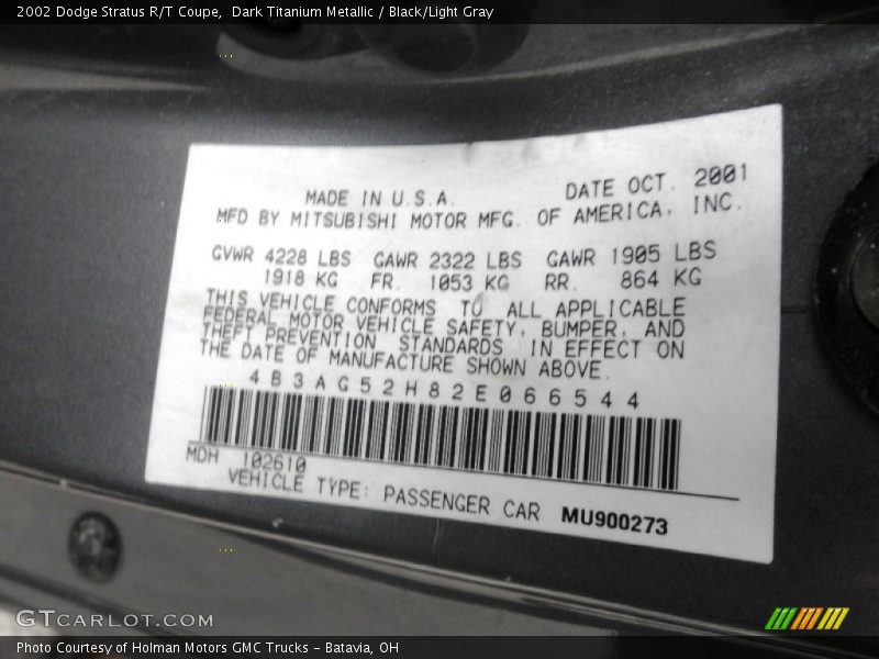 Dark Titanium Metallic / Black/Light Gray 2002 Dodge Stratus R/T Coupe