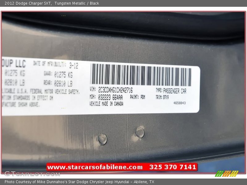 Tungsten Metallic / Black 2012 Dodge Charger SXT