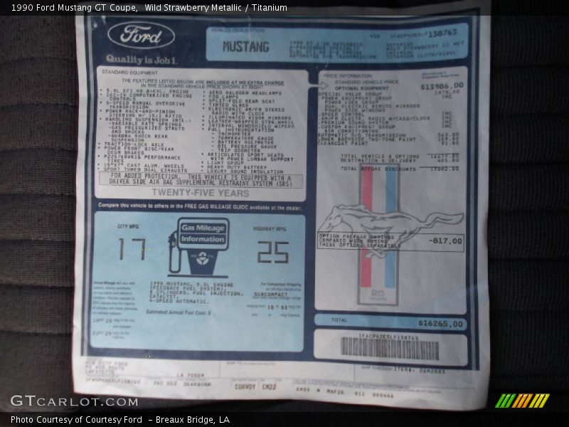  1990 Mustang GT Coupe Window Sticker