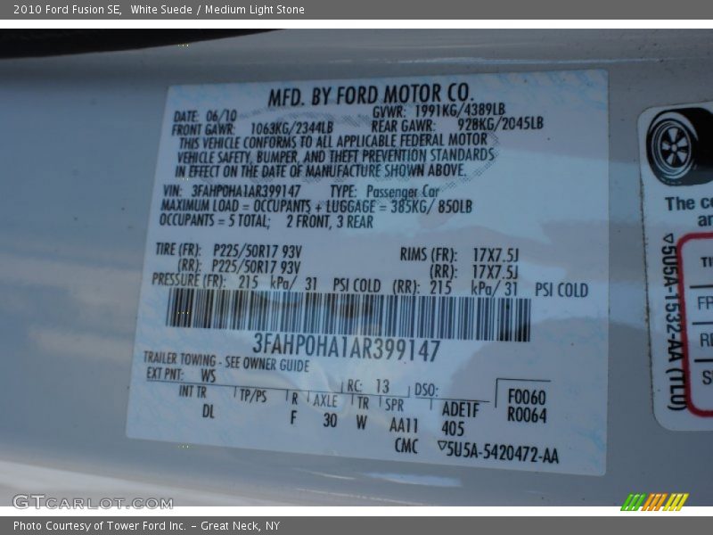 White Suede / Medium Light Stone 2010 Ford Fusion SE
