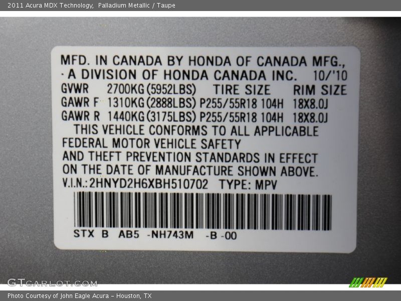 Palladium Metallic / Taupe 2011 Acura MDX Technology