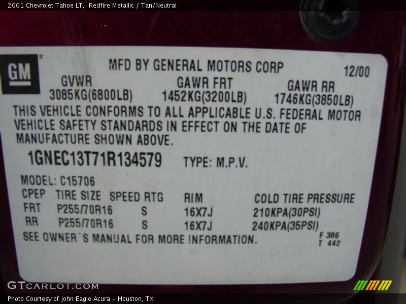 Redfire Metallic / Tan/Neutral 2001 Chevrolet Tahoe LT