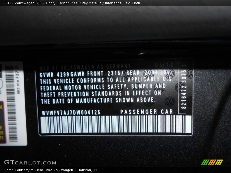 Carbon Steel Gray Metallic / Interlagos Plaid Cloth 2013 Volkswagen GTI 2 Door