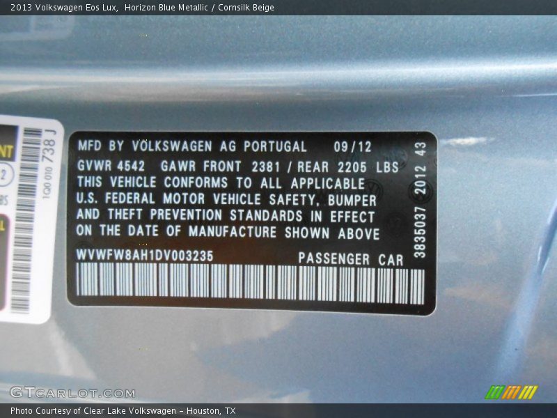 Horizon Blue Metallic / Cornsilk Beige 2013 Volkswagen Eos Lux