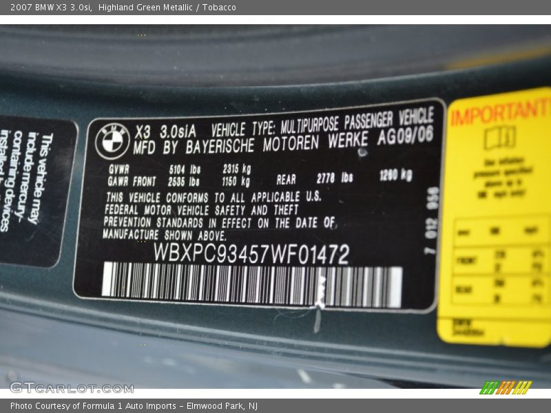 Highland Green Metallic / Tobacco 2007 BMW X3 3.0si