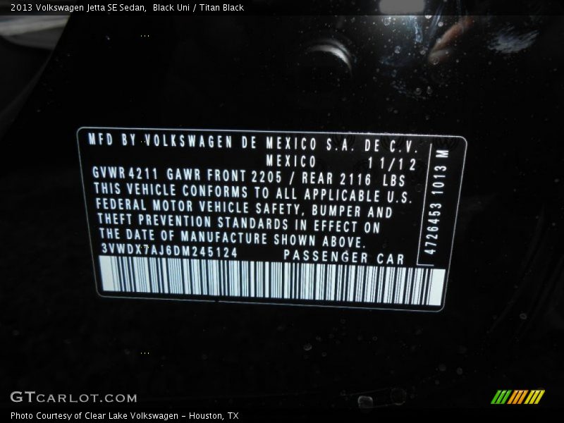 Black Uni / Titan Black 2013 Volkswagen Jetta SE Sedan
