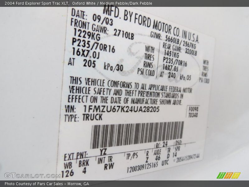 2004 Explorer Sport Trac XLT Oxford White Color Code YZ