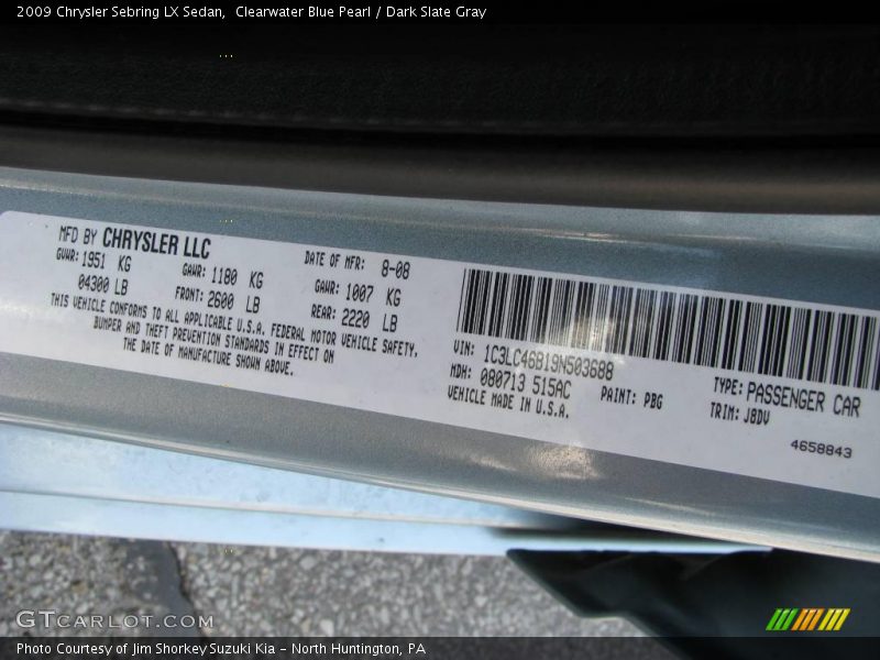 Clearwater Blue Pearl / Dark Slate Gray 2009 Chrysler Sebring LX Sedan