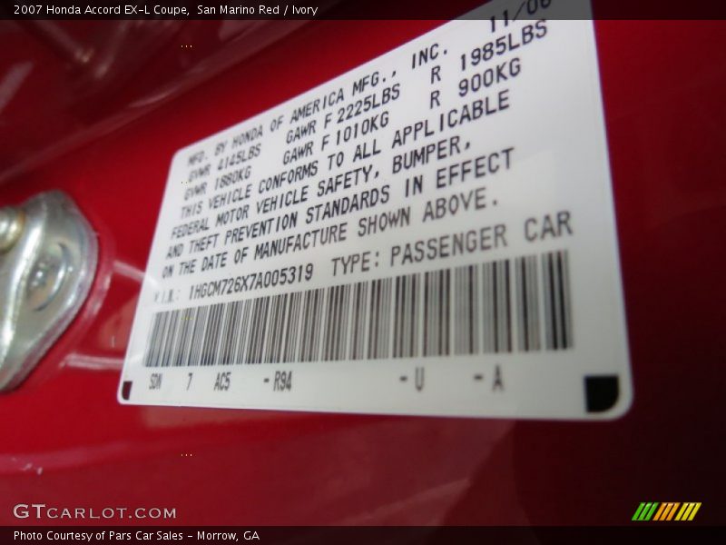 San Marino Red / Ivory 2007 Honda Accord EX-L Coupe