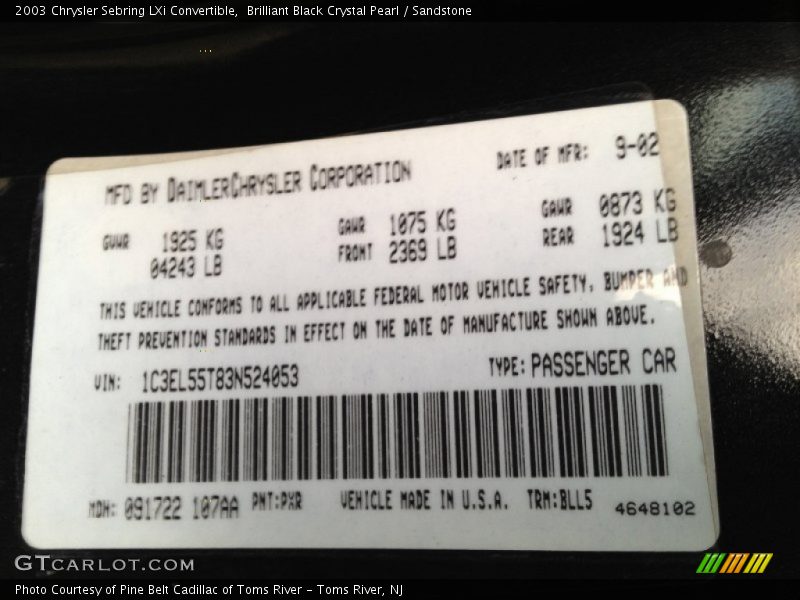 2003 Sebring LXi Convertible Brilliant Black Crystal Pearl Color Code PXR