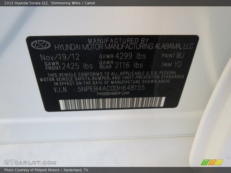 Shimmering White / Camel 2013 Hyundai Sonata GLS