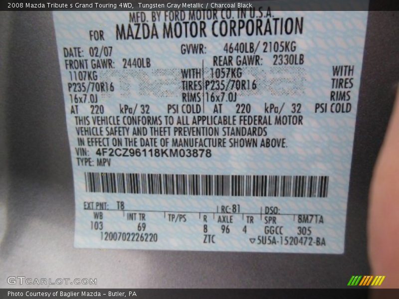 Tungsten Gray Metallic / Charcoal Black 2008 Mazda Tribute s Grand Touring 4WD