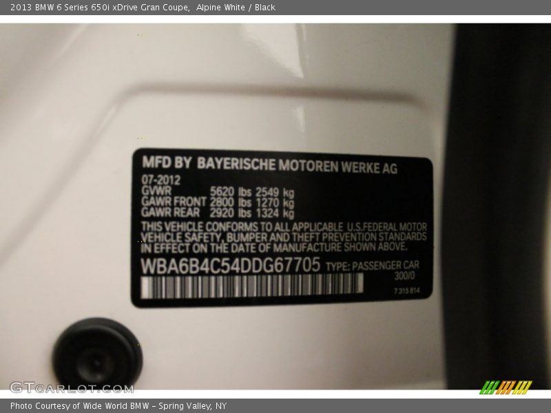 2013 6 Series 650i xDrive Gran Coupe Alpine White Color Code 300