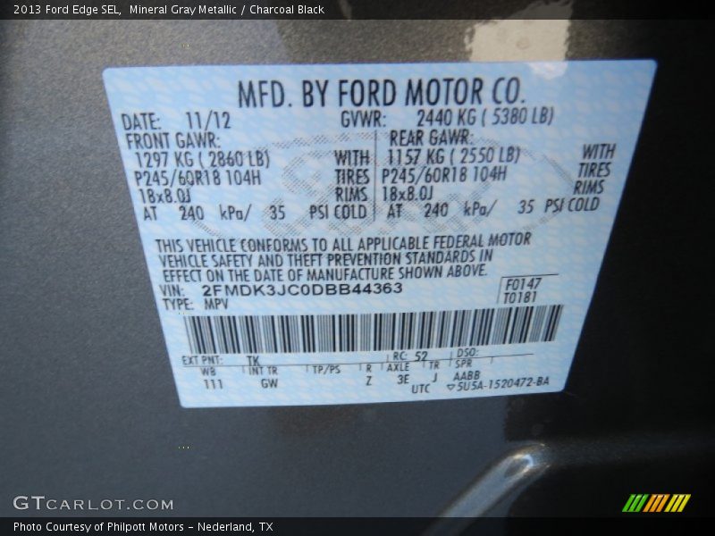 Mineral Gray Metallic / Charcoal Black 2013 Ford Edge SEL