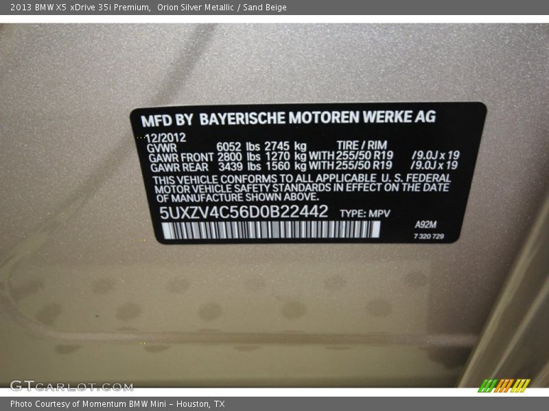 2013 X5 xDrive 35i Premium Orion Silver Metallic Color Code A92