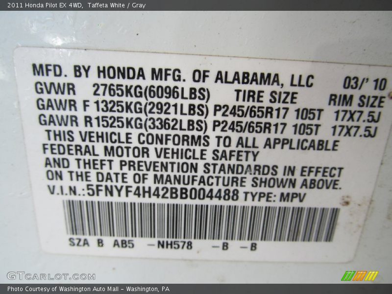 Taffeta White / Gray 2011 Honda Pilot EX 4WD