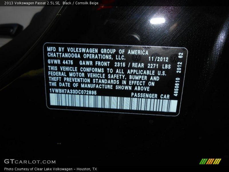 Black / Cornsilk Beige 2013 Volkswagen Passat 2.5L SE