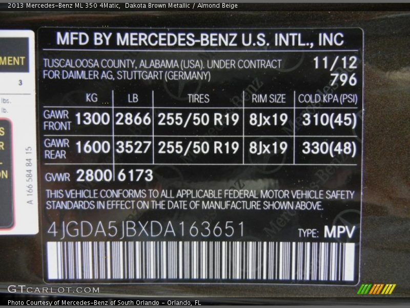 2013 ML 350 4Matic Dakota Brown Metallic Color Code 796