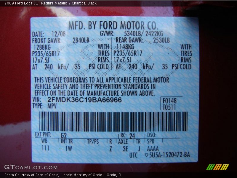 Redfire Metallic / Charcoal Black 2009 Ford Edge SE