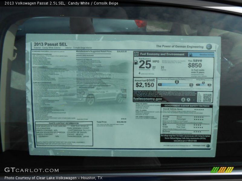 Candy White / Cornsilk Beige 2013 Volkswagen Passat 2.5L SEL