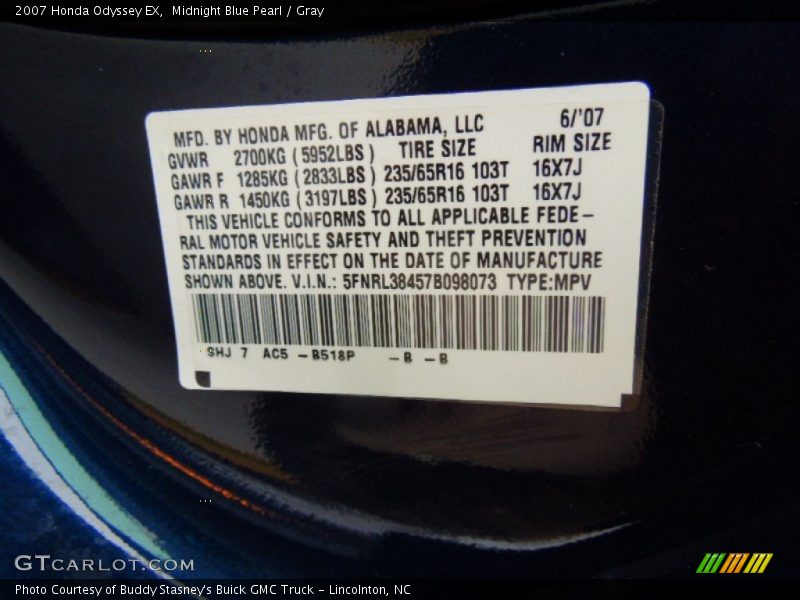 Midnight Blue Pearl / Gray 2007 Honda Odyssey EX