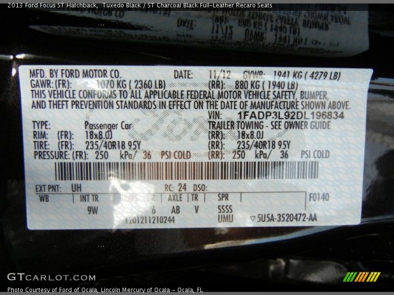 2013 Focus ST Hatchback Tuxedo Black Color Code UH
