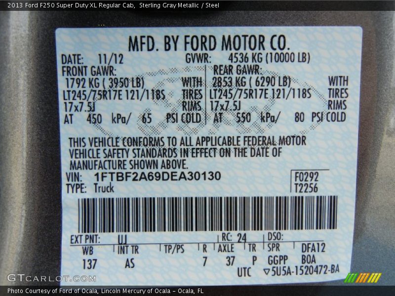 2013 F250 Super Duty XL Regular Cab Sterling Gray Metallic Color Code UJ