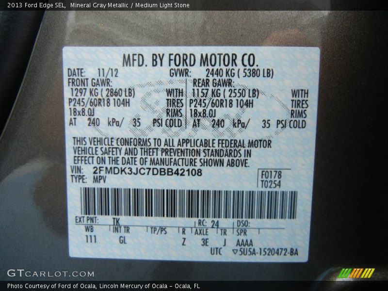 Mineral Gray Metallic / Medium Light Stone 2013 Ford Edge SEL