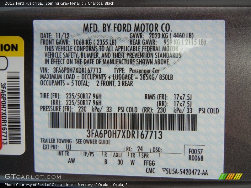 Sterling Gray Metallic / Charcoal Black 2013 Ford Fusion SE