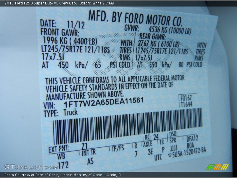2013 F250 Super Duty XL Crew Cab Oxford White Color Code Z1