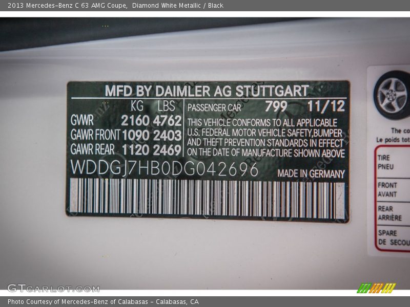 2013 C 63 AMG Coupe Diamond White Metallic Color Code 799