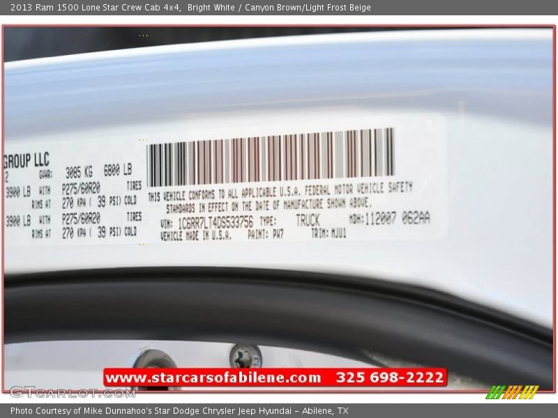 Bright White / Canyon Brown/Light Frost Beige 2013 Ram 1500 Lone Star Crew Cab 4x4
