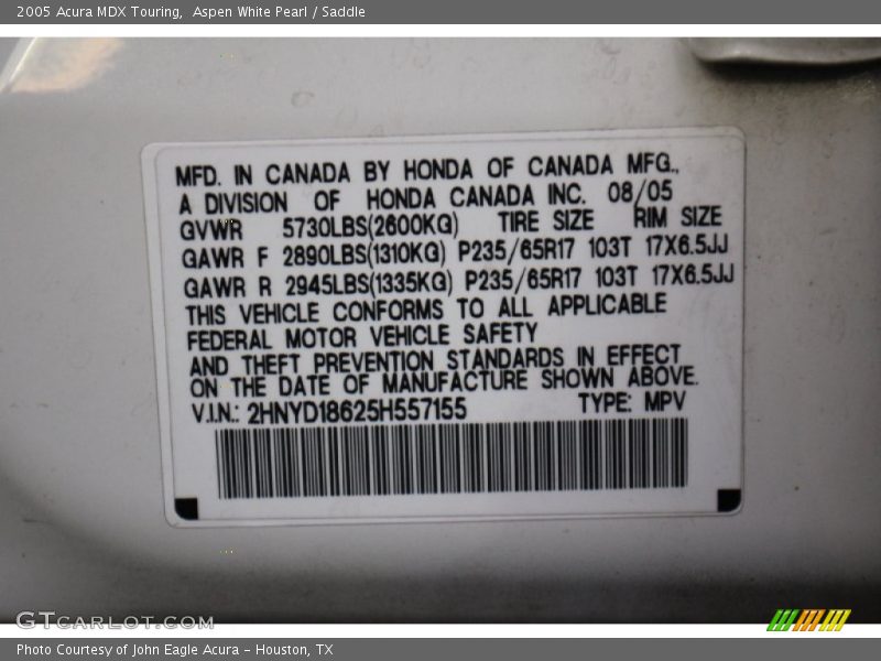 Aspen White Pearl / Saddle 2005 Acura MDX Touring