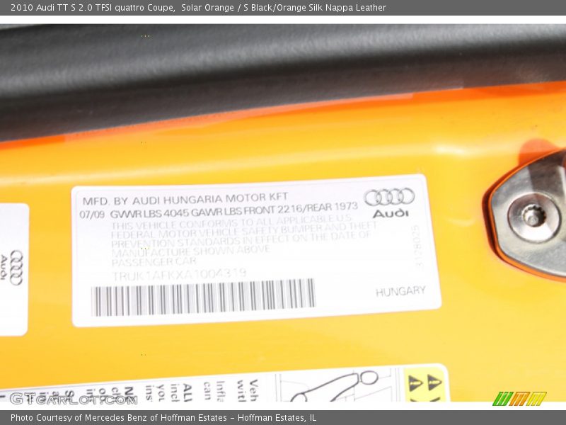 Info Tag of 2010 TT S 2.0 TFSI quattro Coupe