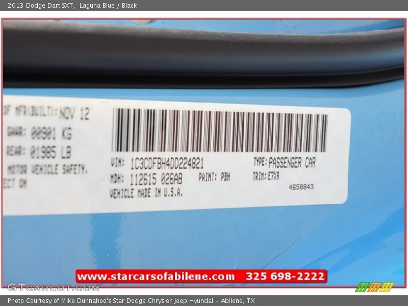 Laguna Blue / Black 2013 Dodge Dart SXT