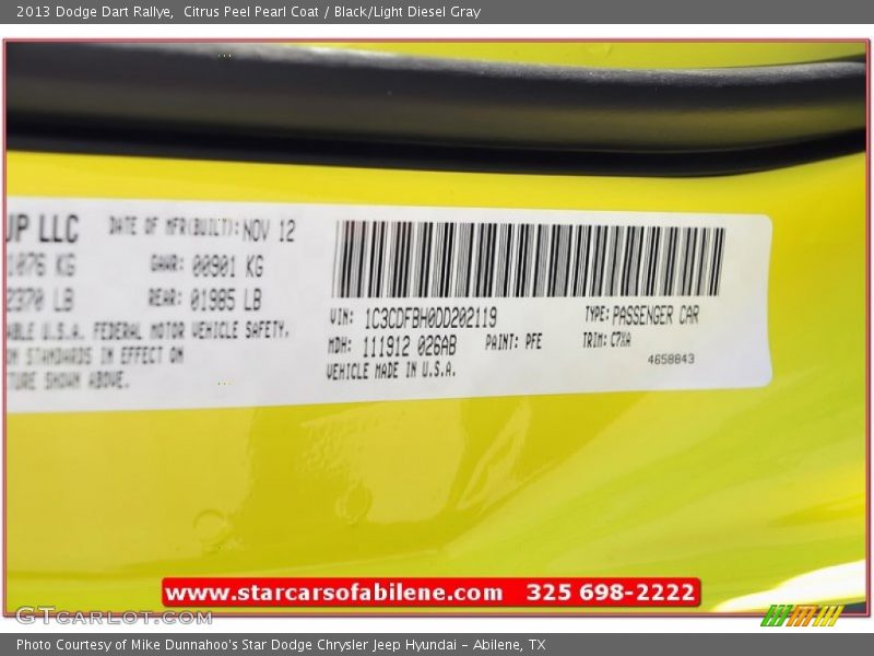 Citrus Peel Pearl Coat / Black/Light Diesel Gray 2013 Dodge Dart Rallye