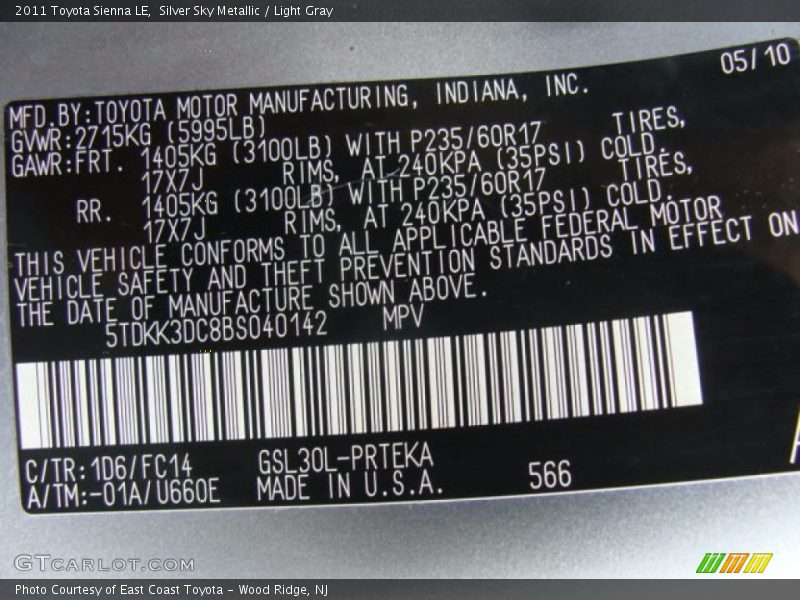 Silver Sky Metallic / Light Gray 2011 Toyota Sienna LE