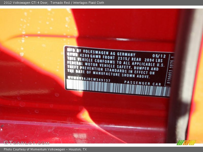Tornado Red / Interlagos Plaid Cloth 2012 Volkswagen GTI 4 Door